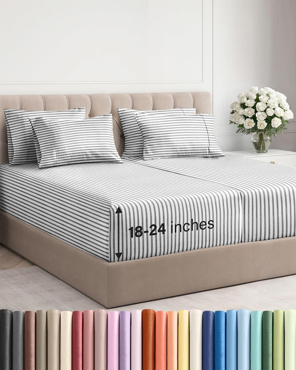 Skiennix Extra Deep Split King Sheet Set - 7 Piece Breathable Cooling Bedding - Soft Wrinkle-Free Grey Stripes