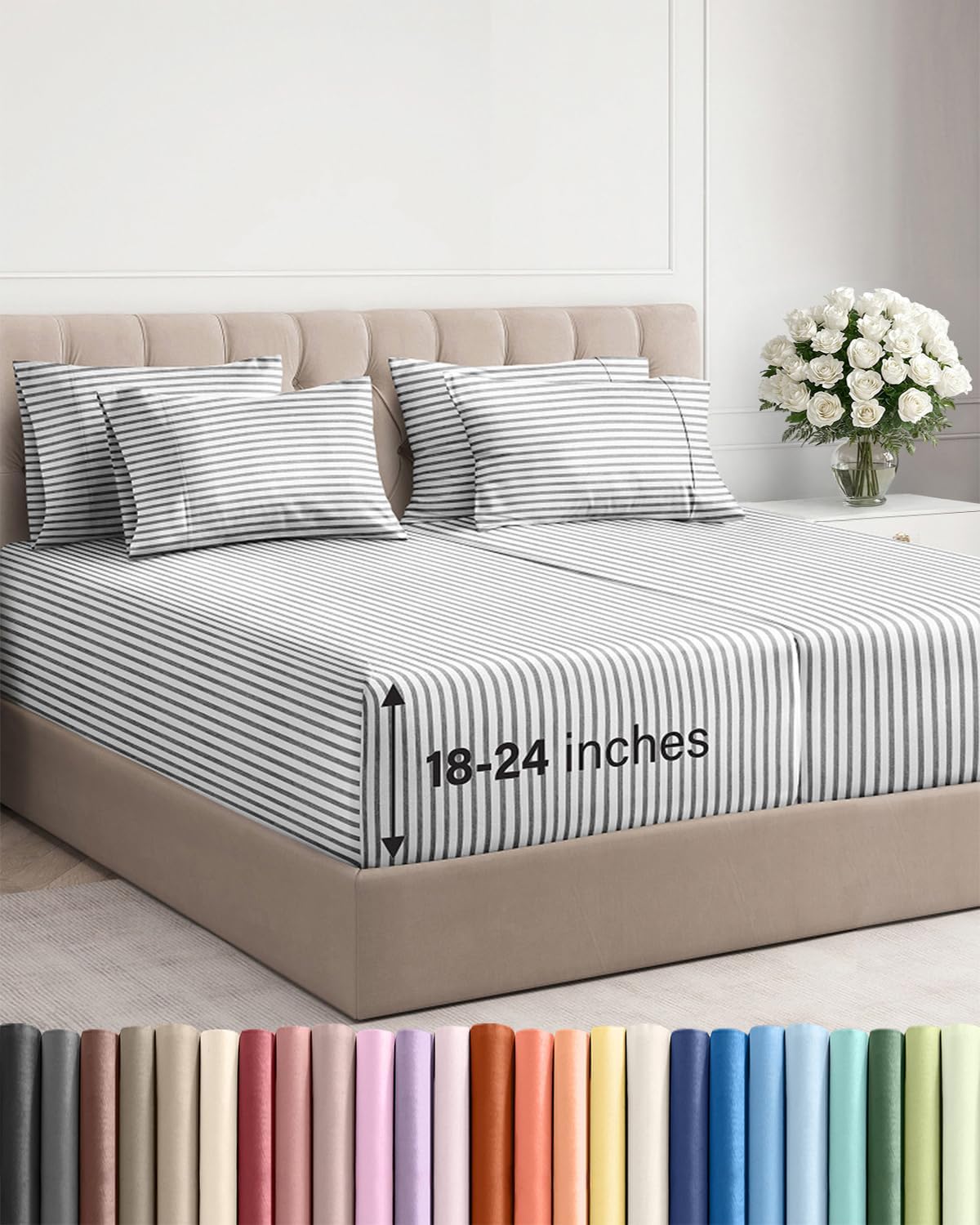 Skiennix Extra Deep Split King Sheet Set - 7 Piece Breathable Cooling Bedding - Soft Wrinkle-Free Grey Stripes
