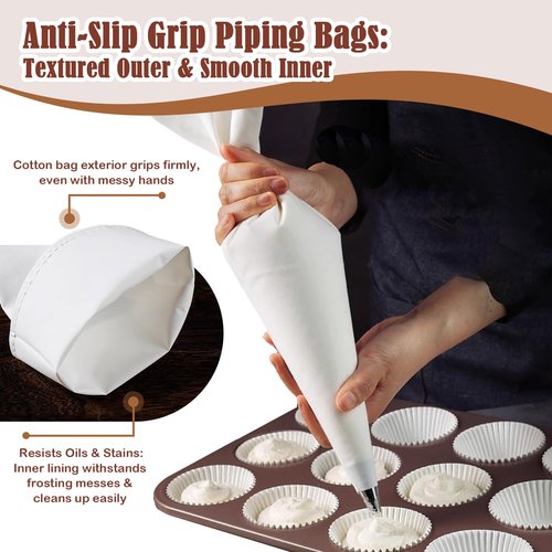 14-Piece Reusable Piping Bags and Tips Set- Cotton Baking Kit with Coupler, Stainless Steel Nozzles,Silicone Cable Ties& Cleaner for Cakes/Cupcakes/Cookies Decorating (14)