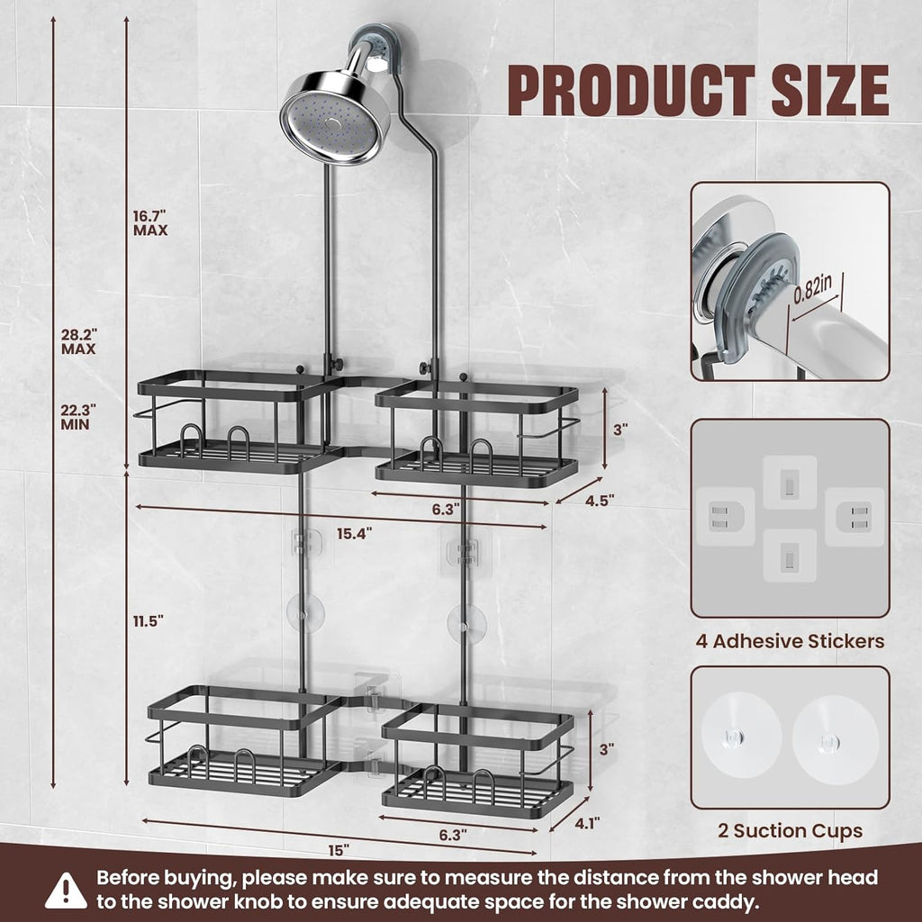 Reinhardt Adjustable Shower Caddy - Rustproof Organizer for Handheld Showerheads | Black with Hooks & Soap Holder