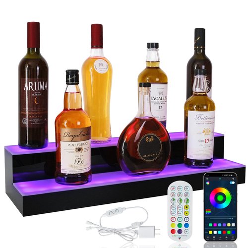 ClarityCraze LED Lighted Liquor Bottle Display Shelf, 2 Tiers 24 Inch Bar Bottle Display Shelf with Remote and App Control for Home Bar Party Whiskey Wine Coffee Syrup Water Bottle Display