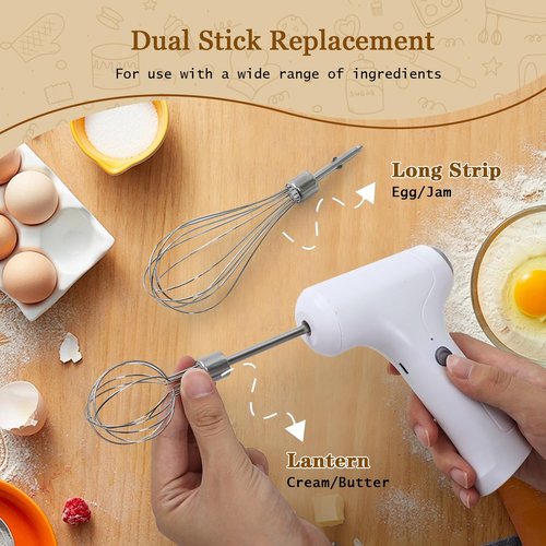 CHIDOYII Cordless Hand Mixer, Handheld Electric Whisk with 3 Speed Modes, Hand Held Egg Beater with 2 Detachable Stir Whisks (White Silver)