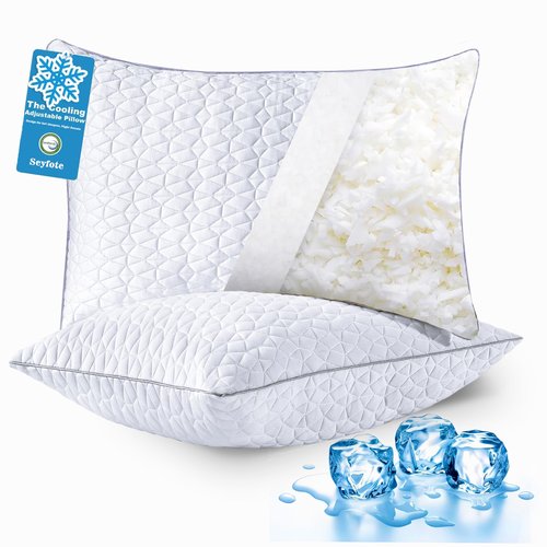 Cooling King Size Pillows Set of 2, Shredded Memory Foam Pillows, Adjustable Firm Bed Pillows Cool Cold Pillow for Hot Side Back Stomach Sleepers with Removable Washable Cover, 20" x 36", White