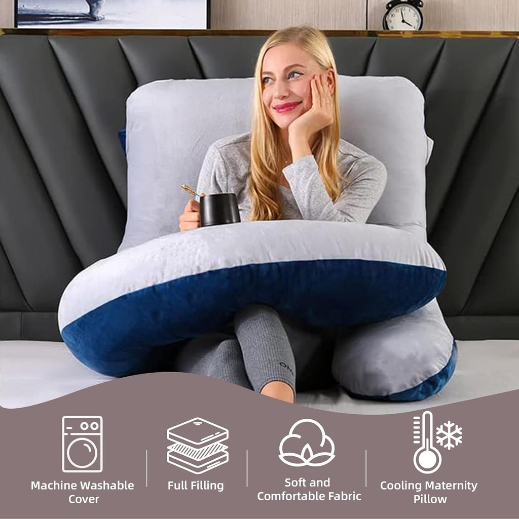 Skiennix 60-Inch Full Body Pregnancy Pillow - Cooling U-Shaped Maternity Support with Washable Velvet Cover | Light Grey & Blue