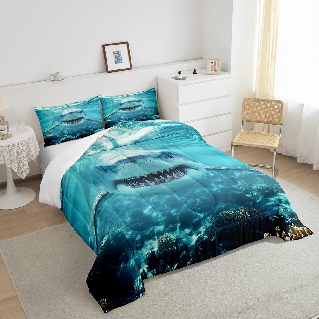 Erosebridal Shark Comforter Set, 3D Shark Bedding Set Full Size, Ocean Wave Sea Animals Duvet Set for Kids Boys Ocean Sea Wave Quilt Blue White
