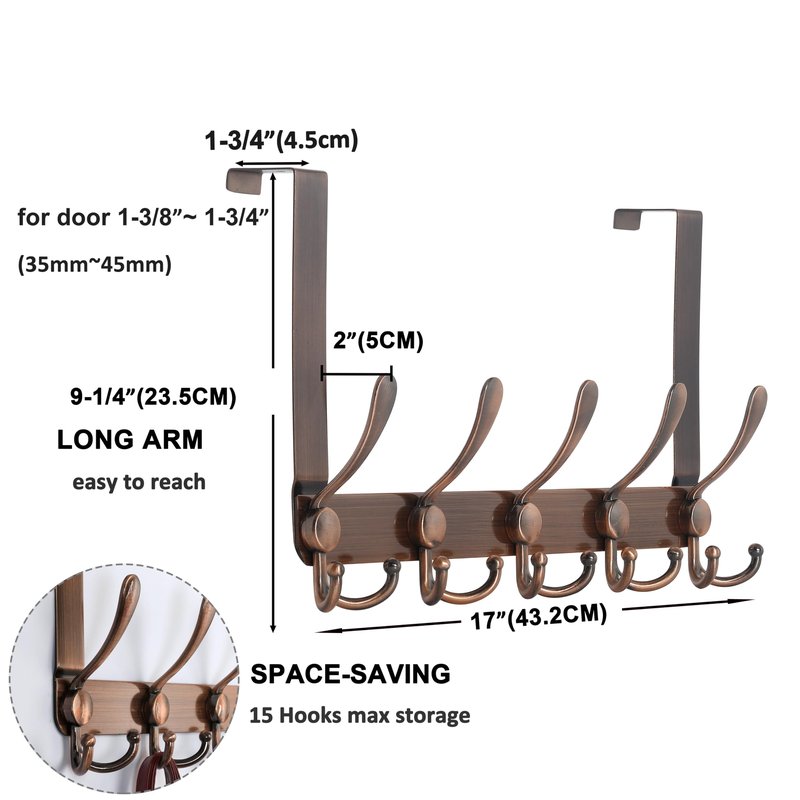 Dseap Over The Door Hook Hanger - Fits 1 3/8" to 1 3/4" Standard Doors | 5 Tri Hooks Heavy Duty Towel/Coat Rack | Door Organizer for Clothes, Jackets, Hats, Towels, Antique Copper, Pack of 2