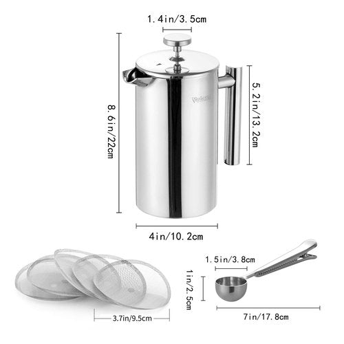 Velaze French Press Coffee Maker 34oz, Double Wall Insulated French Coffee Press Stainless Steel, 1L Coffee Maker Included 4 Extra Fliters and 1 Coffee Spoon, Silver