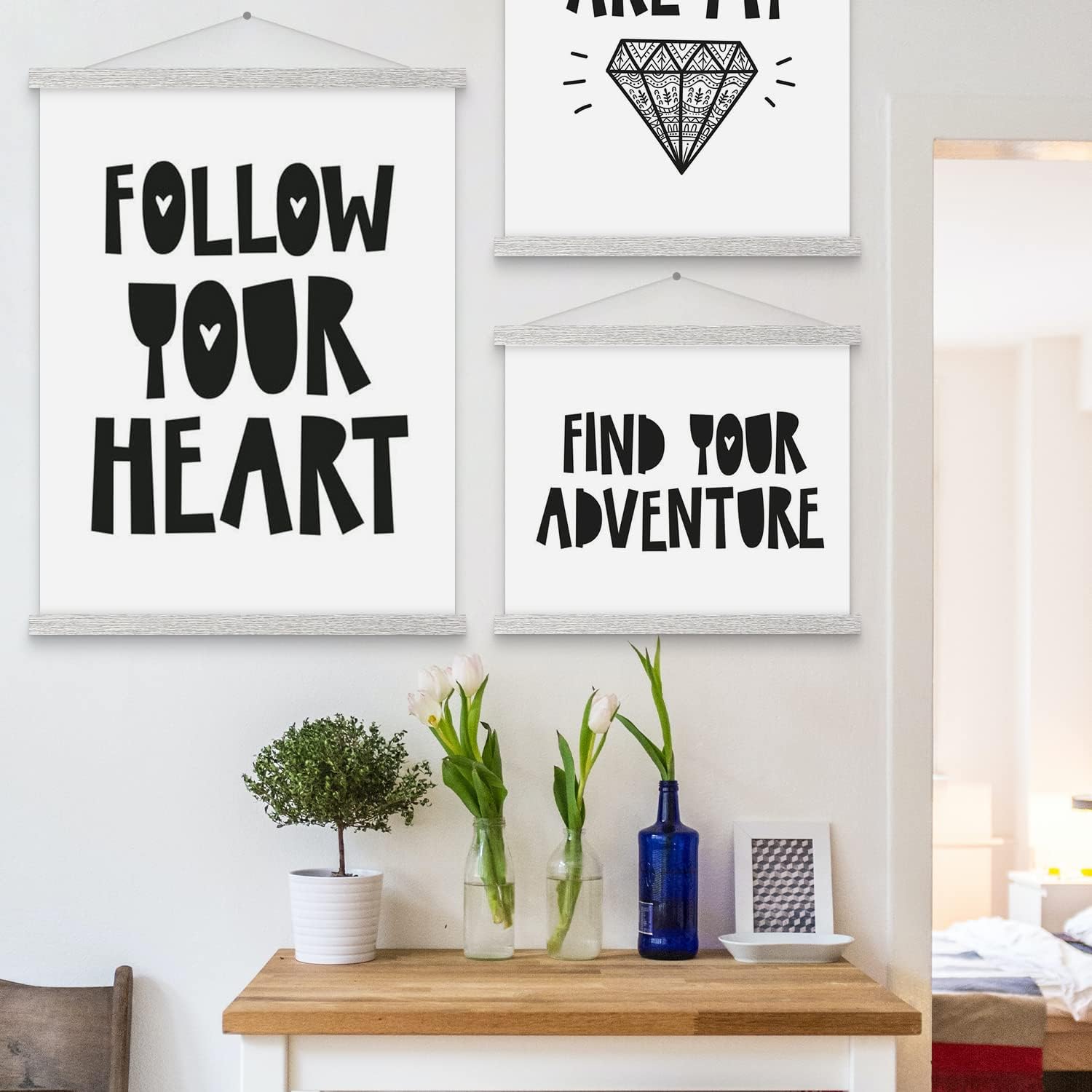 Benjia Magnetic Poster Hanger - 20" Wooden Frame for Canvas & Artwork | Grey Dowel Hanging Kit
