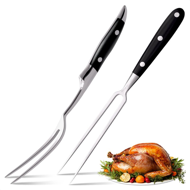 2 Pcs Carving Fork for Meat – 12 Inch Stainless Steel Meat Forks for Kitchen, Heat-Resistant Non-Slip Handles – Two-Prong Straight & Curved BBQ Fork for Slicing, Grilling & Serving