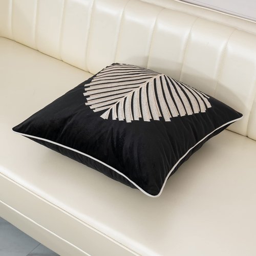 Aeckself Black White Leaves Velvet Throw Pillow Cover 18 x 18 Inch, Embroidery Square Cushion Case with Stitched Edge Luxury Modern Decorative Pillowcase for Couch Living Room Bedroom