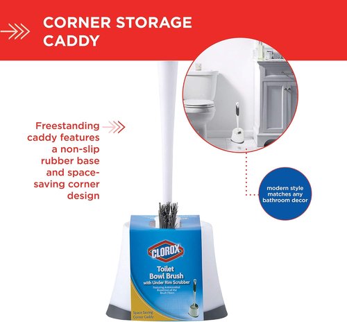 Clorox Toilet Bowl Brush - Under-Rim Design with Corner Storage Caddy | 16 x 5 x 5.5 Inches