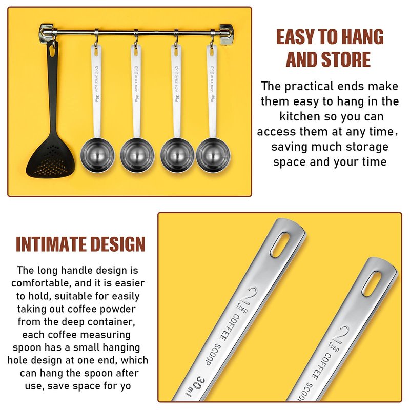 Geiserailie 4 Pcs 2 Tablespoon Scoops with Long Handle, 30 ml Stainless Steel Measuring Spoon for Coffee Milk Fruit Powder, Loose Tea Dry, Spice Jar, Cooking Baking, and Other Dry Goods