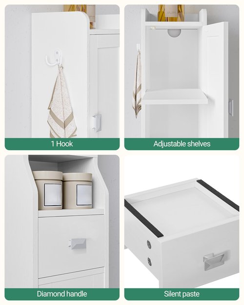 HEXCELEN Bathroom Storage Cabinet, Narrow Tall Bathroom Cabinet, Freestanding Floor Cabinets with 2 Doors and 1 Drawer, Toilets Organizer with Adjustable Shelf, 1 Hook for Small Spaces, White