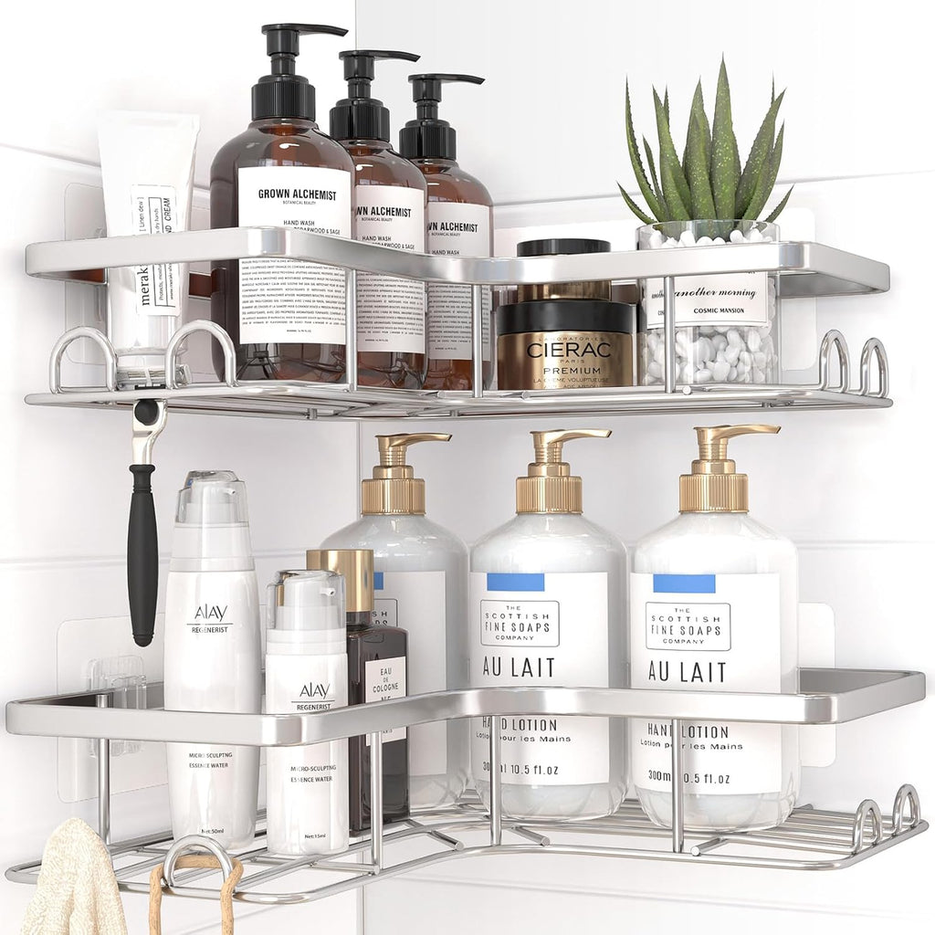 Sakugi Corner Shower Caddy - Rustproof Stainless Steel Organizers with 8 Hooks | No-Drill, Space-Saving Design, Silver, 2 Pack