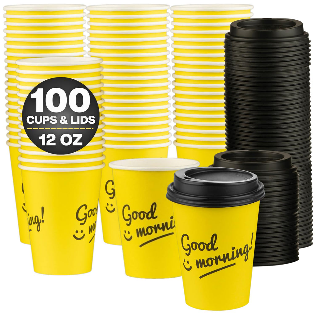 Smygoods Disposable Coffee Cups with Lids, To Go Paper Hot Cups, Good Morning Design (12 OZ, 100 Count) For Hot Beverages, Coffee, Tea, Espresso, Cocoa - Vasos Para Cafe