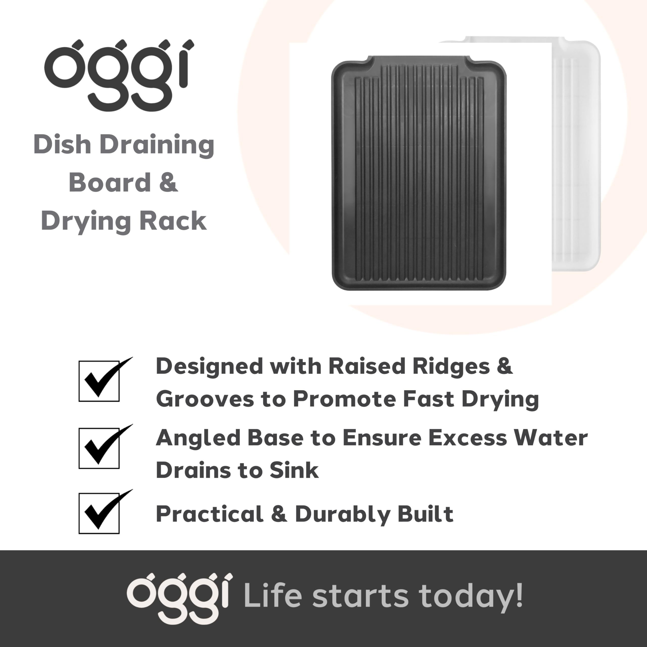 Oggi Dish Drain Board and Drying Rack Tray for Kitchen Counter, Plastic Drainboard with Raised Ridges, 12.75 x 17.25 inches - White