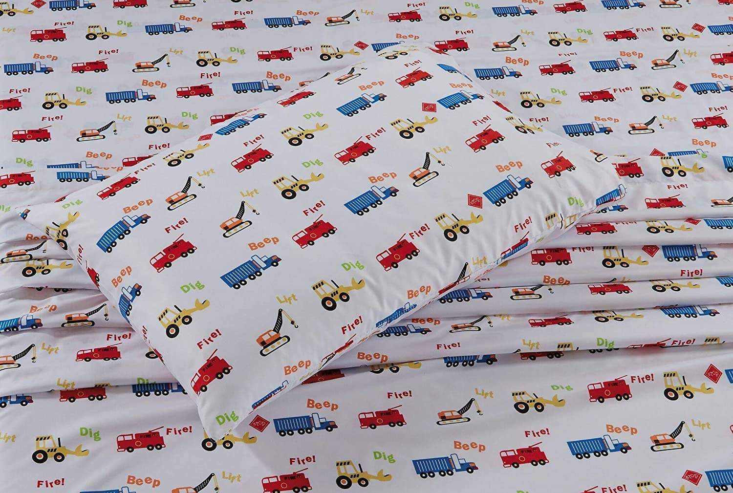Better Home Style Multicolor Cranes Backhoes Construction Equipment Trucks Fire Engine Design for Kids/Boys 4 Piece Sheet Set with Pillowcase Flat and Fitted Sheets # Crane (Queen)
