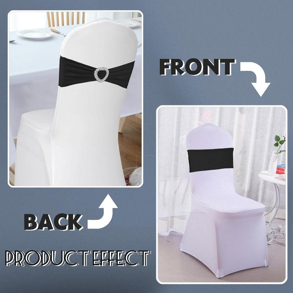 Skiennix Spandex Stretch Black Chair Sashes - Universal Elastic Covers with Buckle Slider for Events