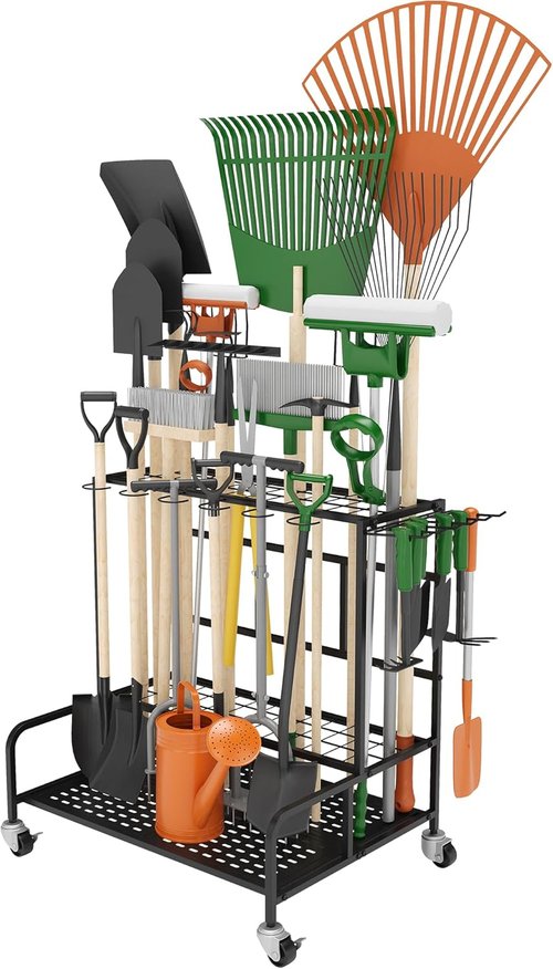 Heavy-Duty Steel Garden Tool Organizer Rack by [Brand Name] - Mobile Storage for Up to 39 Tools | 12 Hooks & Broom Holder, Black