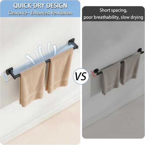 MKO Towel Bar - 24" Black Hand Towel Holder Rod | Wall-Mounted Metal Bathroom Rack, 2 Pack