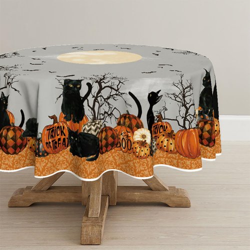 Horaldaily Halloween Tablecloth 90×90 Inch Round, Buffalo Plaid Pumpkin Moon Cat Washable Table Cover for Party Picnic Dinner Decor