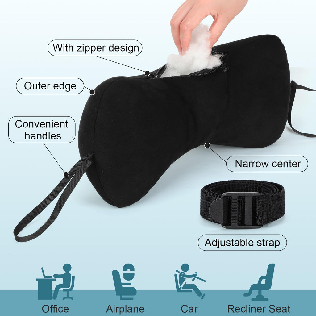 Chunful 1pcs Dog Bone Shaped Chiropractic Neck and Back Pillow for Cervical Support with Adjustable 37 Inches Strap Sofa Lounge Chair Pillow for Travel Home Use, 15 x 7 x 5 Inches (Black)