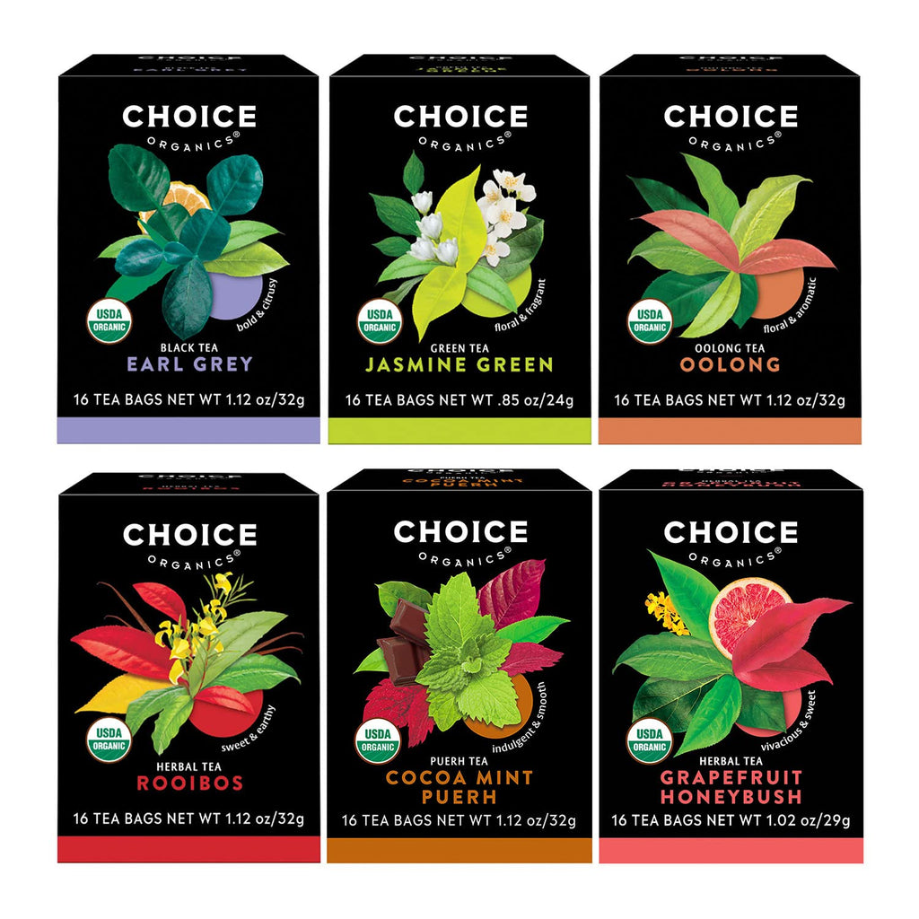 Choice Organic Teas - Favorites Variety Pack Sampler - Includes Earl Grey, Jasmine Green, Oolong, Rooibos, Cocoa Mint Puerh, and Grapefruit Honeybush Organic Teas - 96 Tea Bags (Pack of 6)