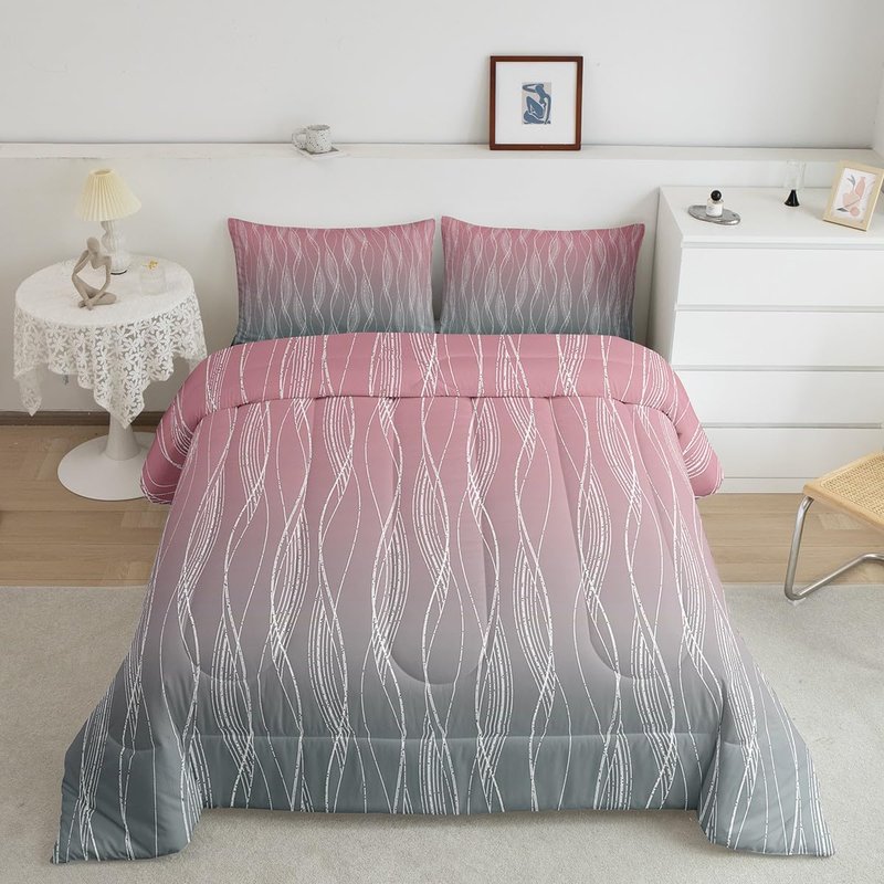 Erosebridal Pink Grey Girls Twin Comforter Set Kids Abstract Ombre Comforter Light Pink Gray Gradient Bedding Set Geometric Silver Striped Quilt Set Girly Sweet Bedroom Decor 2 Pcs