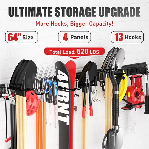 Garage Tool Organizer - Wall-Mount 64-Inch Rack with 13 Adjustable Hooks | Heavy-Duty Storage for Yard & Shed