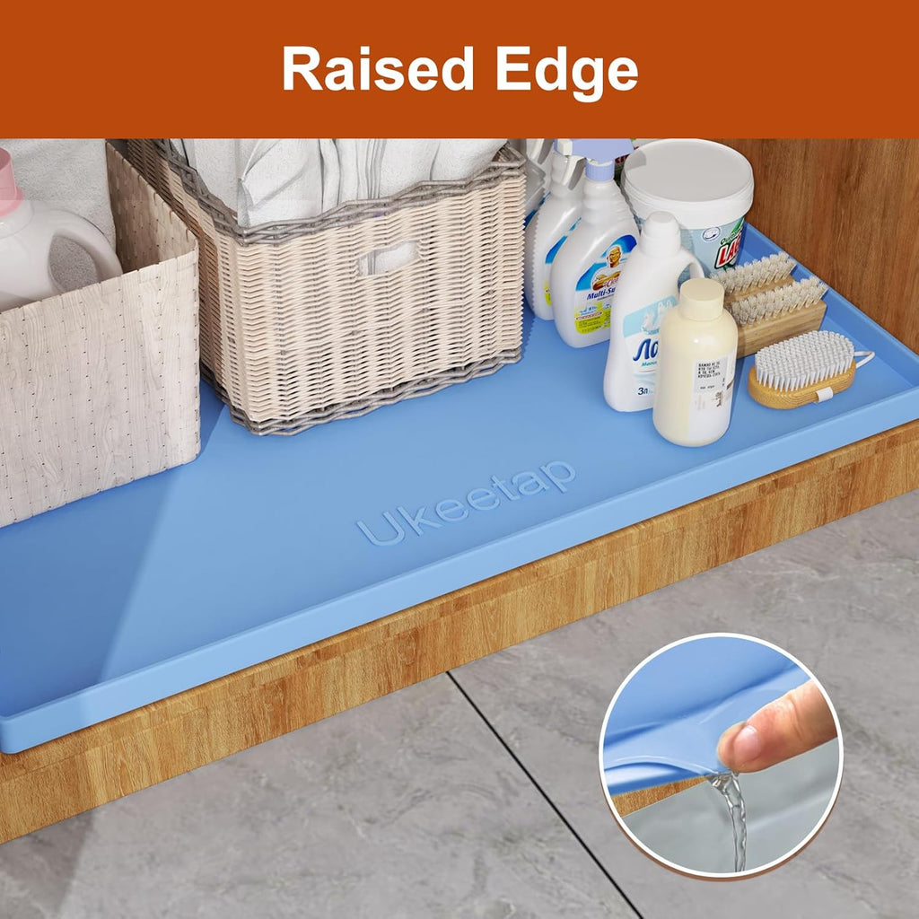 Ukeetap Extra Thick Waterproof Silicone Mat - Raised Edge, 34" x 22" for Kitchen & Bathroom Protection | Blue