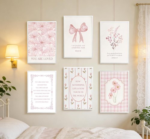 CBLIORUD Pink Christian Flower Canvas Wall Art - 6Pcs Bible Verse Decor for Girly Bedroom & Nursery
