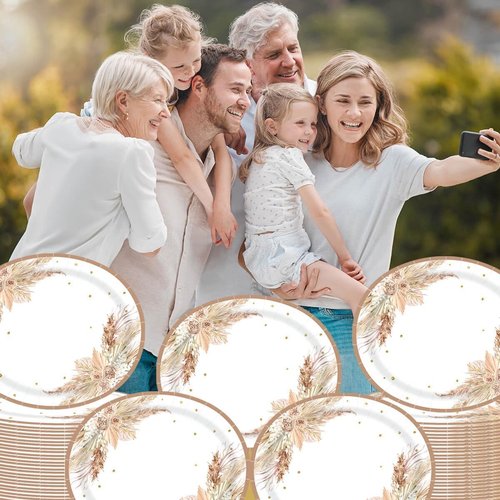 Aysimple 50PCS Boho Party Oval Paper Plates Large 10'' x 12'' Disposable Bohemian Party Platters, Pampas Grass Floral Design Heavy Duty Dish Tray for Baby Shower Birthday Wedding Event