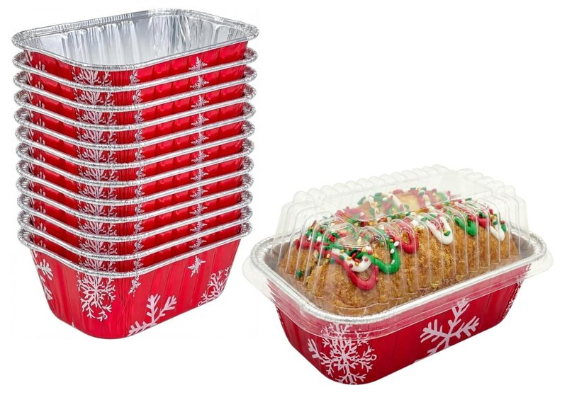 PACTOGO Disposable 1 lb. Red Holiday Christmas Aluminum Foil Small Mini Loaf/Bread Baking Pans with Clear Dome Lids (Pack of 12 Sets)