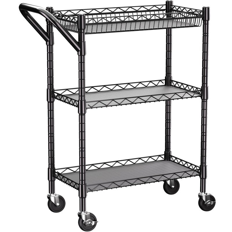 3 Tier Heavy Duty Rolling Utility Cart,18" D x 23.8" W x 36.6" H Rolling Carts with Wheels,Commercial Grade Metal with Handle Bar & Shelf Liner,Trolley Serving Storage Cart for Kitchen Black