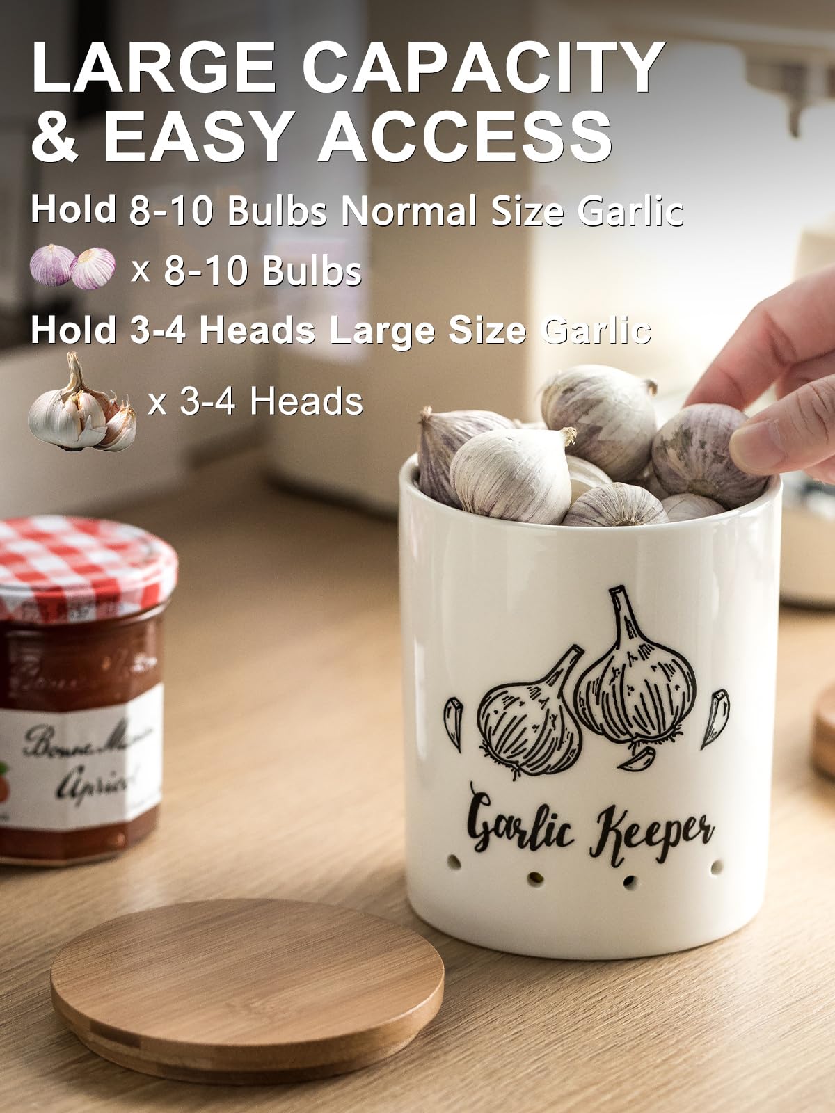 LYEOBOH Garlic Keeper, Garlic Storage, Garlic Holder, Large Ceramic Garlic Keeper with Wooden Lid, Garlic Jar, Garlic Storage Container, White