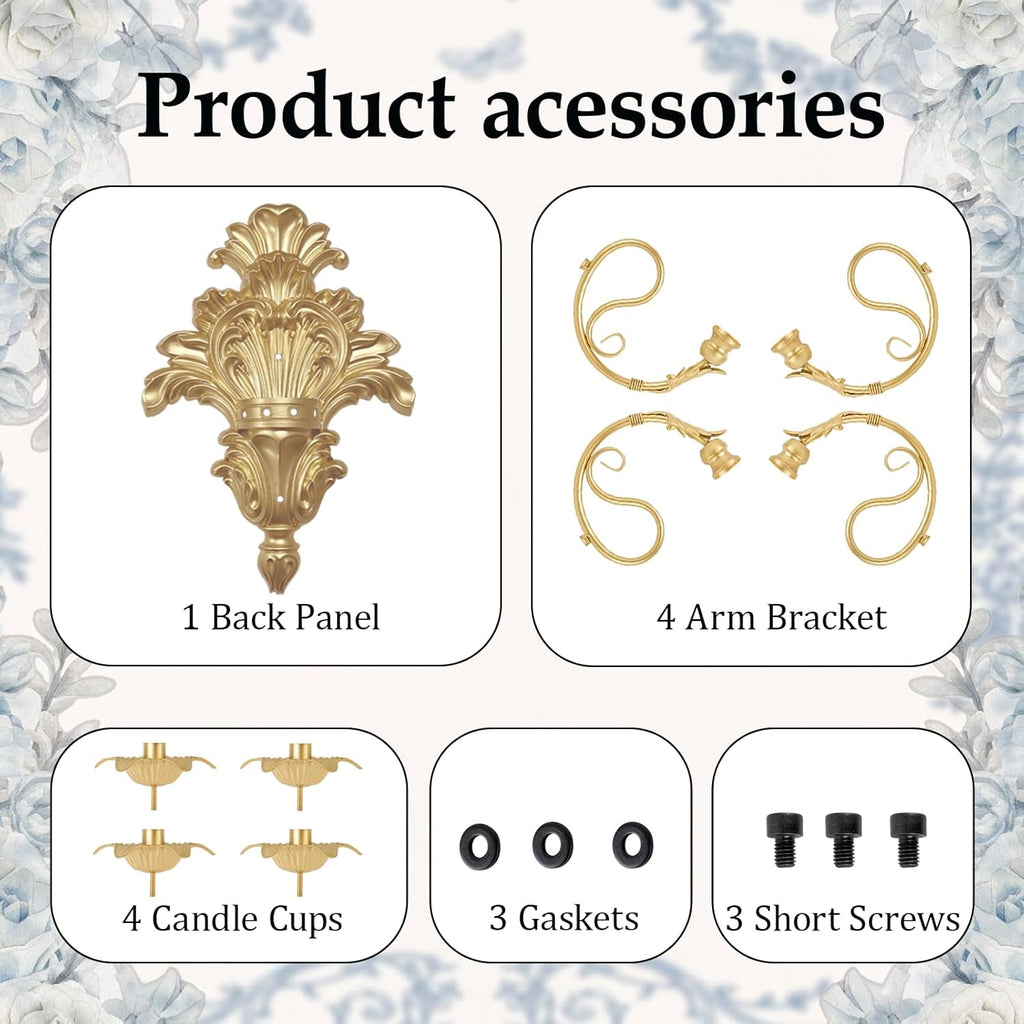Roman - Fountain Wall Sconce | 4-Candle Gold Baroque Candelabra - Antique Metal Tapered Candle Holder for Victorian Decor