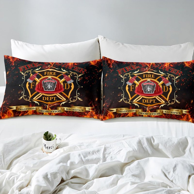 Castle Fairy Firefighter Theme Bed Sheet Queen Set Burning Flame Sheets Sets Adults Bedroom Decor Fireman Sign Microfiber Bedding Set with Flat,Fitted Sheet,2 Pillow Cases
