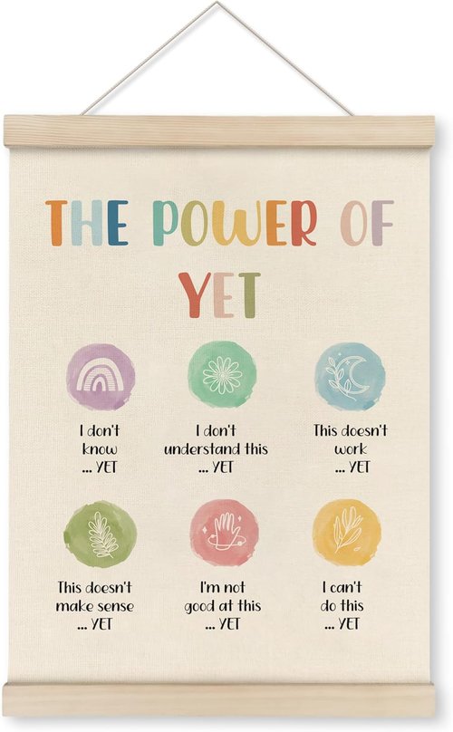 HRQKO Growth Mindset Wall Art - The Power of Yet Poster Hanger Frame, 12x16 Inch for Therapy & Counseling Decor
