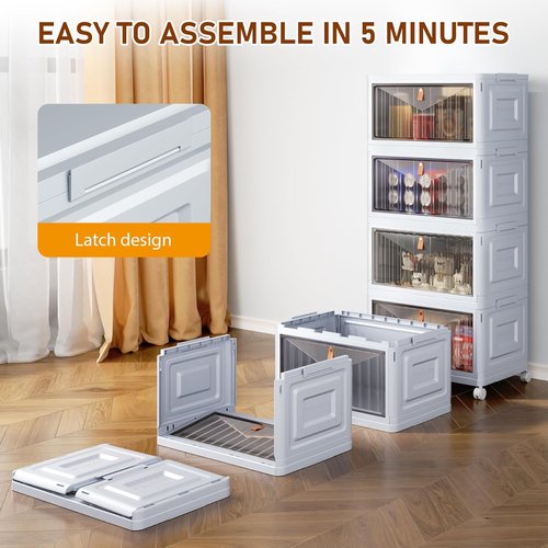 4 Tier Stackable Storage Bins by [Brand Name] - 23 QT Plastic Organizers with Lid & Wheels | Grey Foldable Containers for Home & Craft