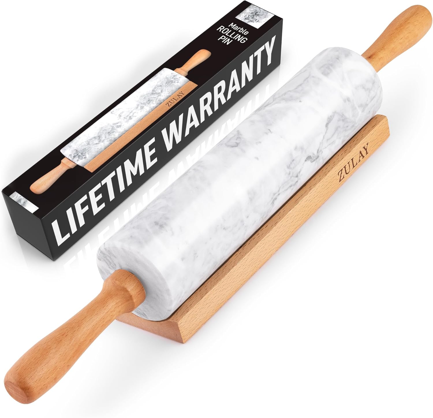 Zulay Kitchen Marble Rolling Pin - 17-Inch Polished Non-Stick Roller With Beechwood Handle | Ideal For Baking Pastries & Pizza