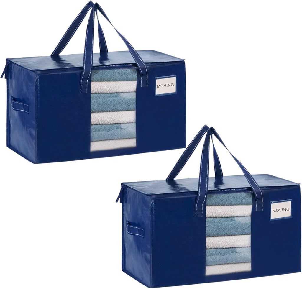 VENO Heavy Duty Moving Bags - Clear Window Storage for Clothes & Comforters | Foldable & Durable (Blue, 2 Pack)