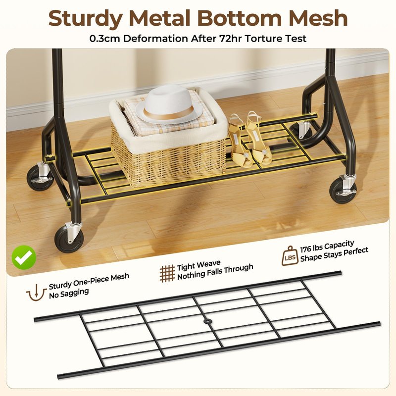 HYSEYY Heavy-Duty 450LBS Capacity Metal Clothes Rack，Rolling Clothing Rack with Wheels & Shelves, Portable Standing Wardrobe Rack for Hanging Clothes, Black (Black, L)