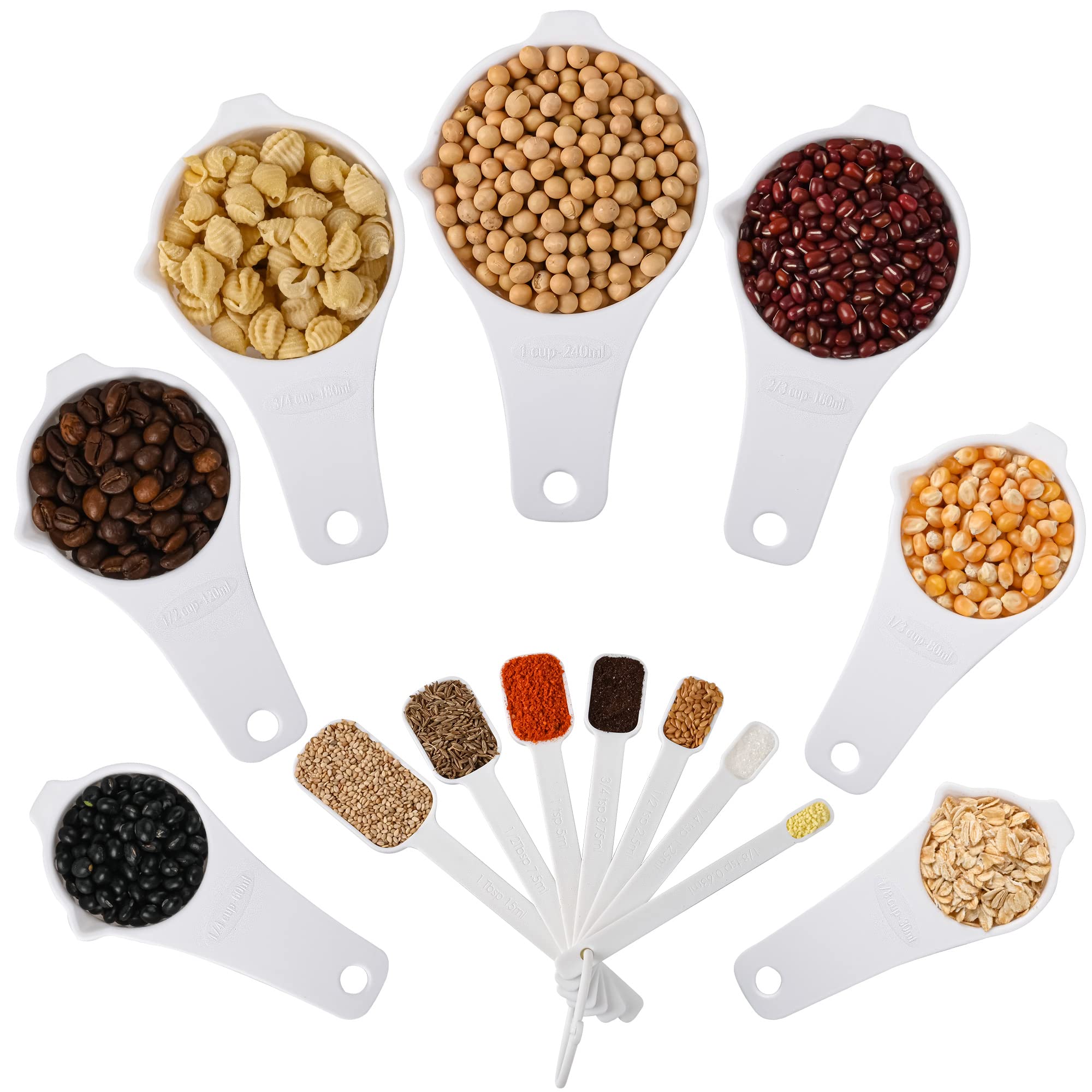 SPUVGVC Plastic Measuring Cups and Spoons Set, White Dry Measuring cups Set with Spout and Leveler for Kitchen and Baking, BPA free and Dishwasher Safe, Nesting Measuring Cups Set 15