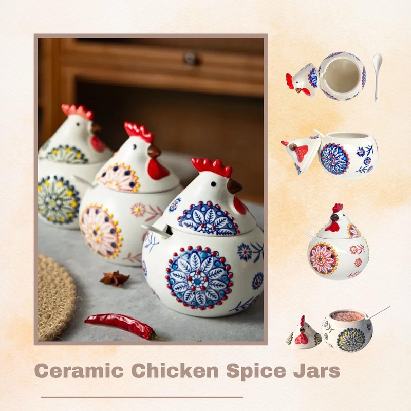 XIEFFICH 13.5 Oz Salt Cellar With Lid and Spoon (Blue)- Ceramic Chicken Spice Jars for Salt, Sugar, Pepper - Spice Containers for Countertop