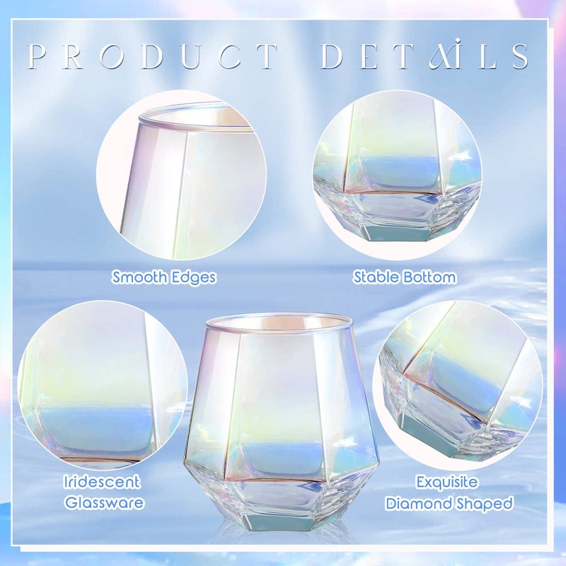 Zopeal Set of 12 Iridescent Stemless Wine Glass 10.5 oz Rainbow Glassware Cup for Cocktail Whiskey Christmas Wedding Birthday Party Home Bar Housewarming Gift