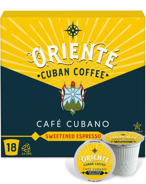Oriente Sweetened Espresso Coffee Pods, 18 ct, Dark Roast Flavored Cuban Inspired Coffee in Single Serve Pods - 100% Arabica Coffee, Compatible with Keurig K Cups Maker