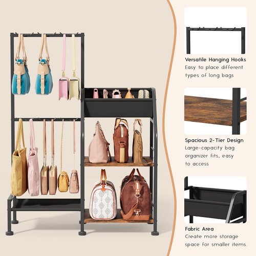 Homsorout Purse Organizer - 3-Tier Storage Stand with 12 Fixed Hooks | Space-Saving Black Bag Rack