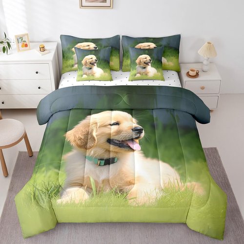 Erosebridal Pup Dog Comforter Set 7 Piece Bed in a Bag Twin,Kawaii Puppy Bedding Sets Cute Pet Animal Sheet Set with Comforter