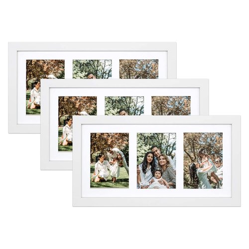 Golden State Art, Set of 3, 9x18 White Wood Frame - White Mat for Three 5x7 Pictures - Sawtooth Hangers- Swivel Tabs - Wall Mounting - Landscape/Portrait - Real Glass - Collage Frame