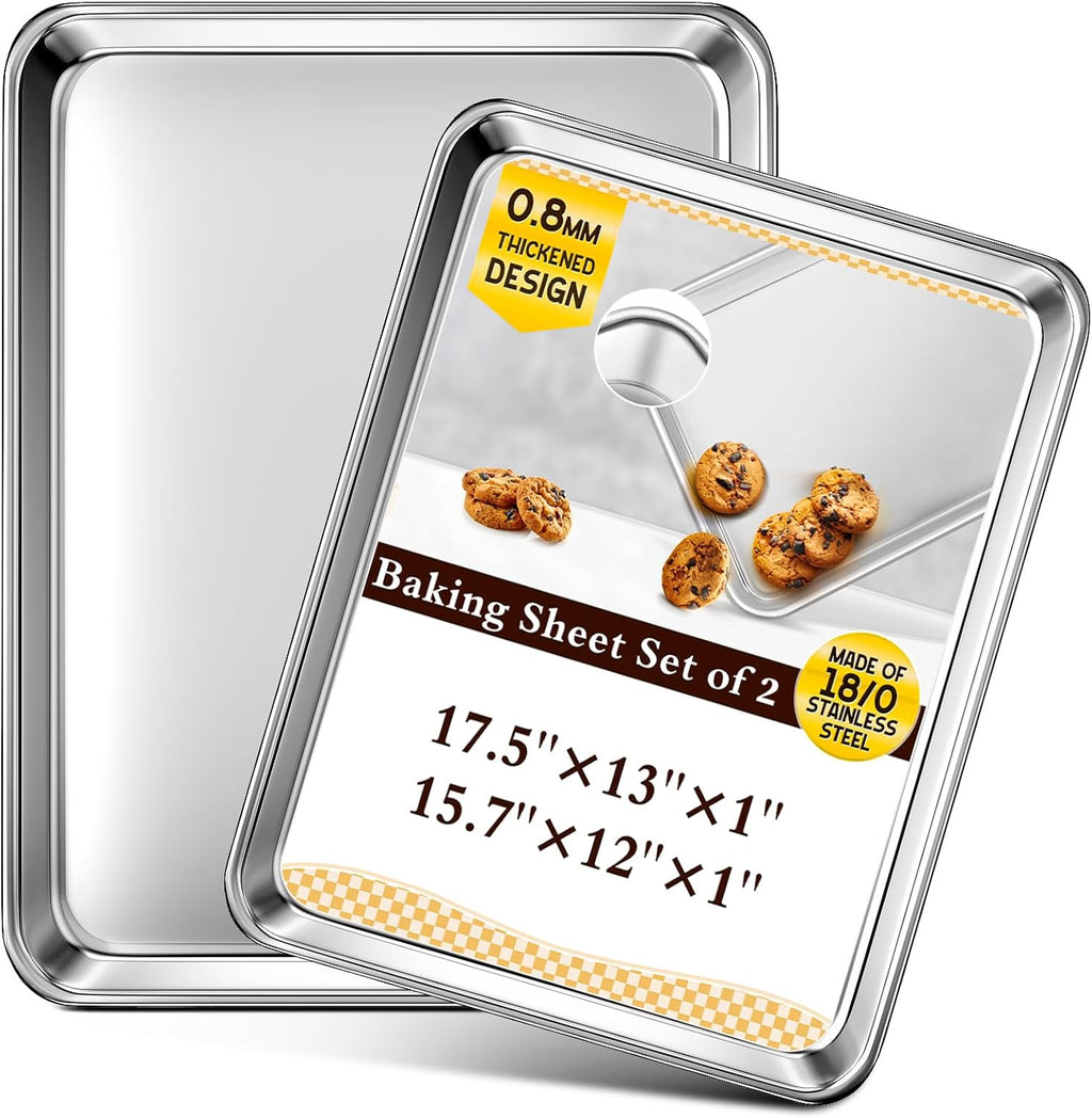 Regine Switzerland Baking Sheet Set - Commercial Grade Stainless Steel Cookie Sheets | Thicker, Nonstick, Rust & Warp Resistant - 17.5''x13'' & 15.7''x12''